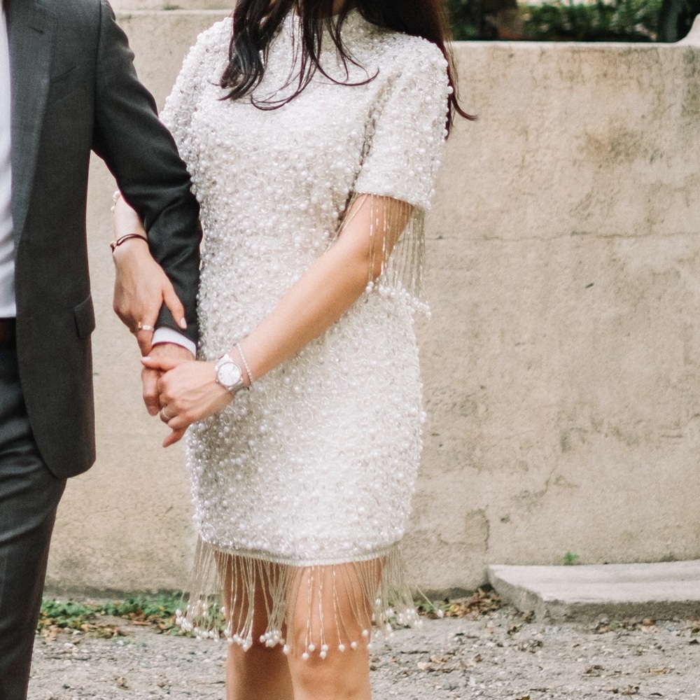 White pearl dress with fringing bridal
